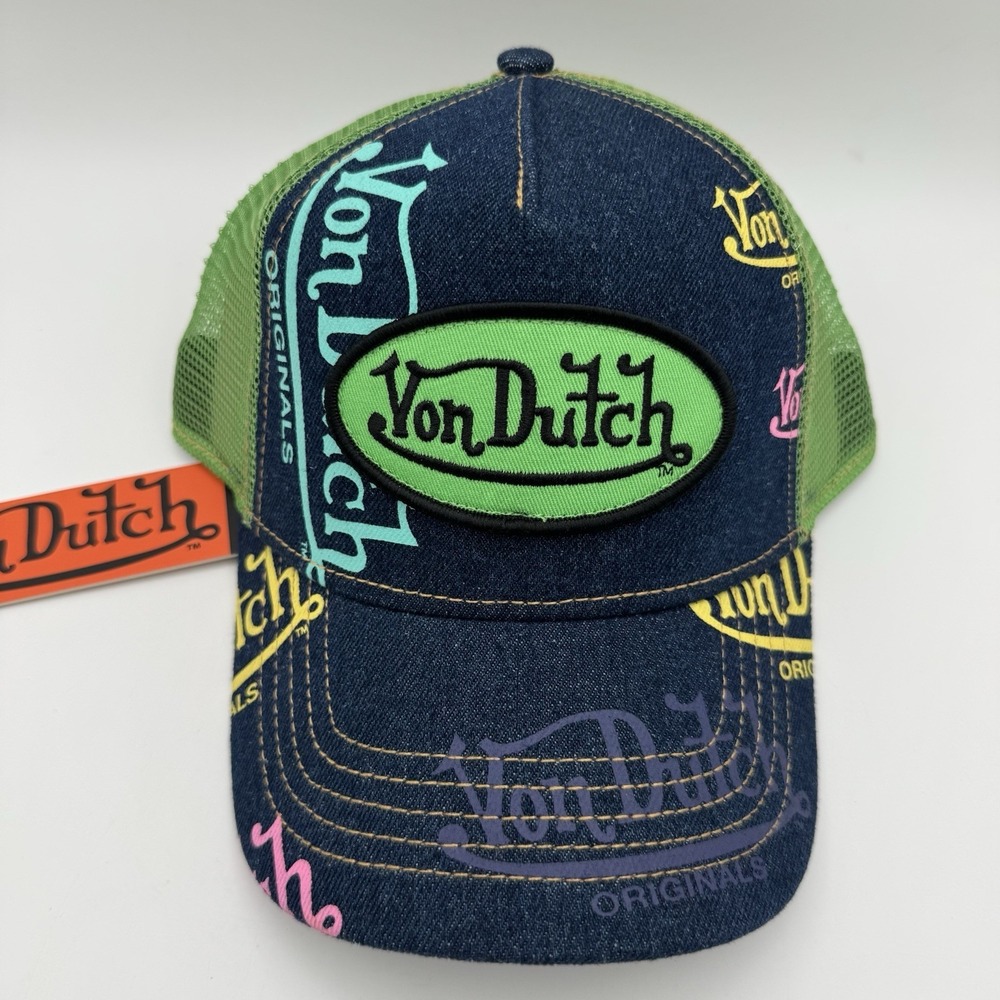 NWT Von Dutch Denim Green Apple Mesh Trucker Hat SnapBack Cap Y2K Style Logo